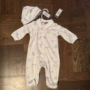 Fleurisse Baby One Piece 0-3M Pajama Set - White with Blue Accents And Hat